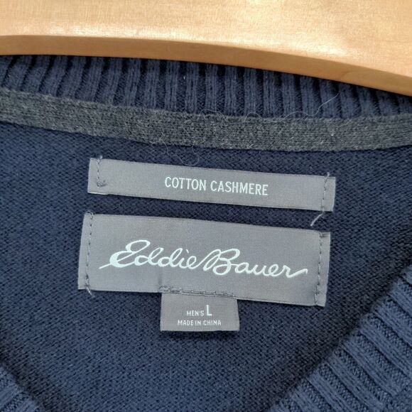 Eddie Bauer Men's Cotton Cashmere Pullover Sweater Blue Large V-Neck Ribbed Trim - Picture 8 of 12